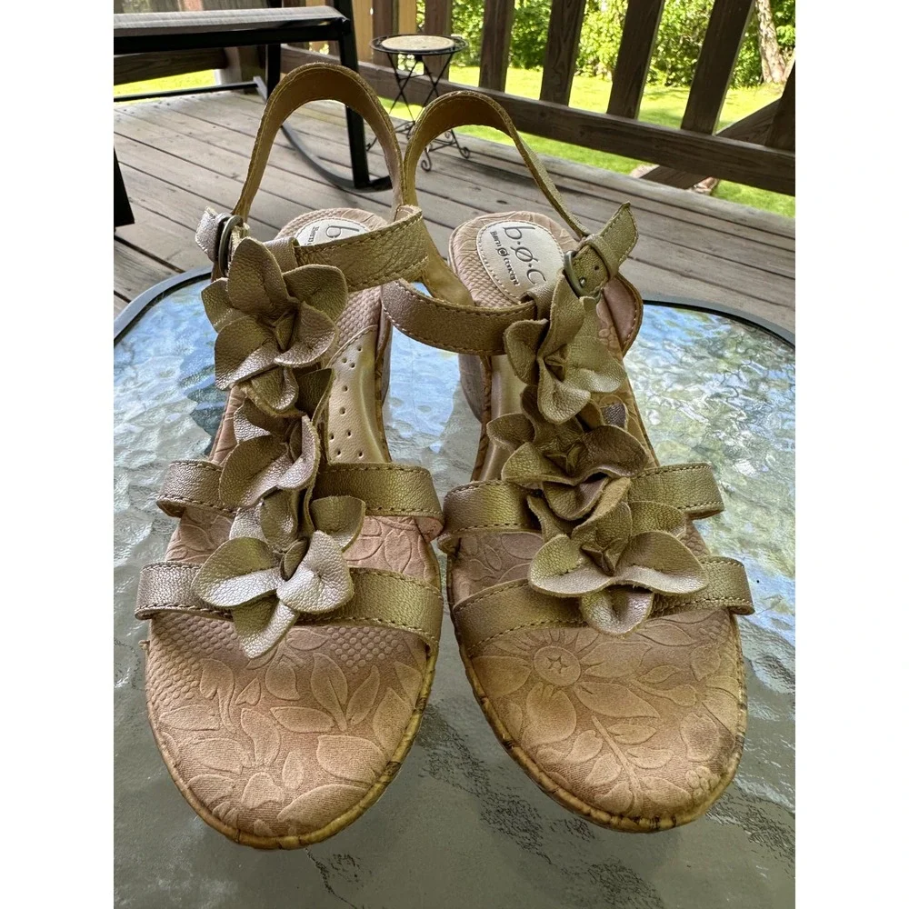 BOC Gold Flower Wedge‎ Sandals Ankle Strap Cork Heel Summer Shoes 8
